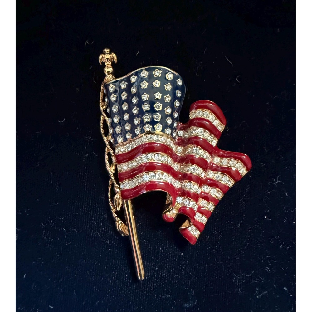Vintage Trifari 1996 Enamel, Rhinestone American Flag Pin Brooch